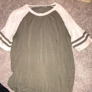 Army green T-shirt.